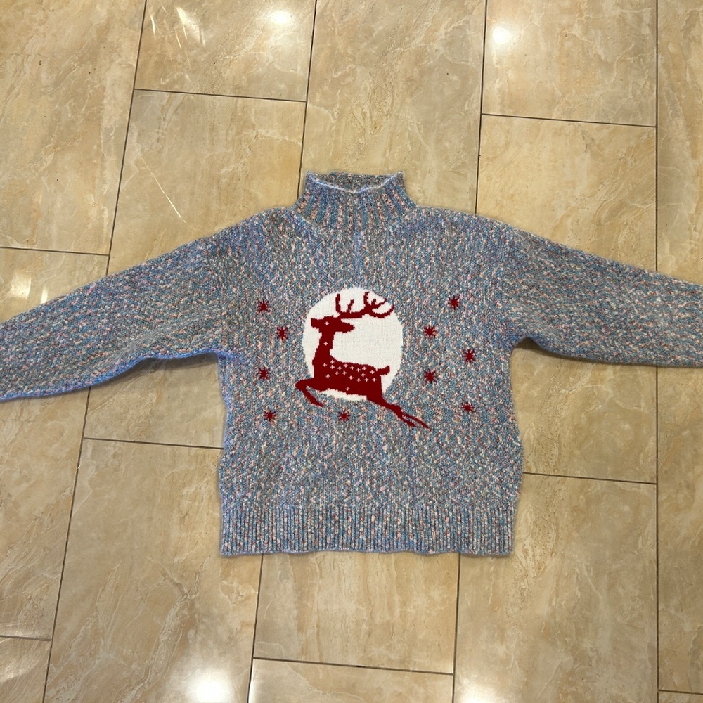 Winter Nordic Reindeer Snowflake Mock Neck Sweater Warm Knit Pullover